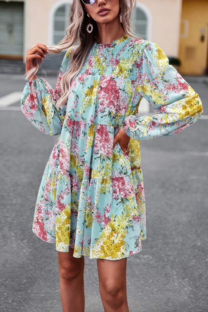 Floral print tiered sleeve ruffle hem smock dress - image 7