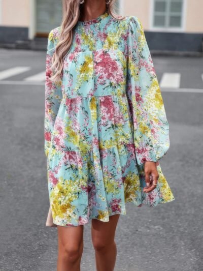 Floral Print Tiered Sleeve Ruffle Hem Smock Dress