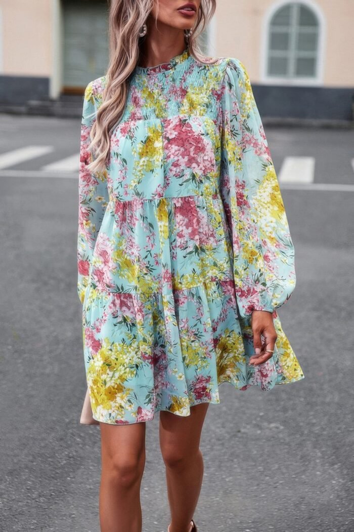 Floral print tiered sleeve ruffle hem smock dress - image 8