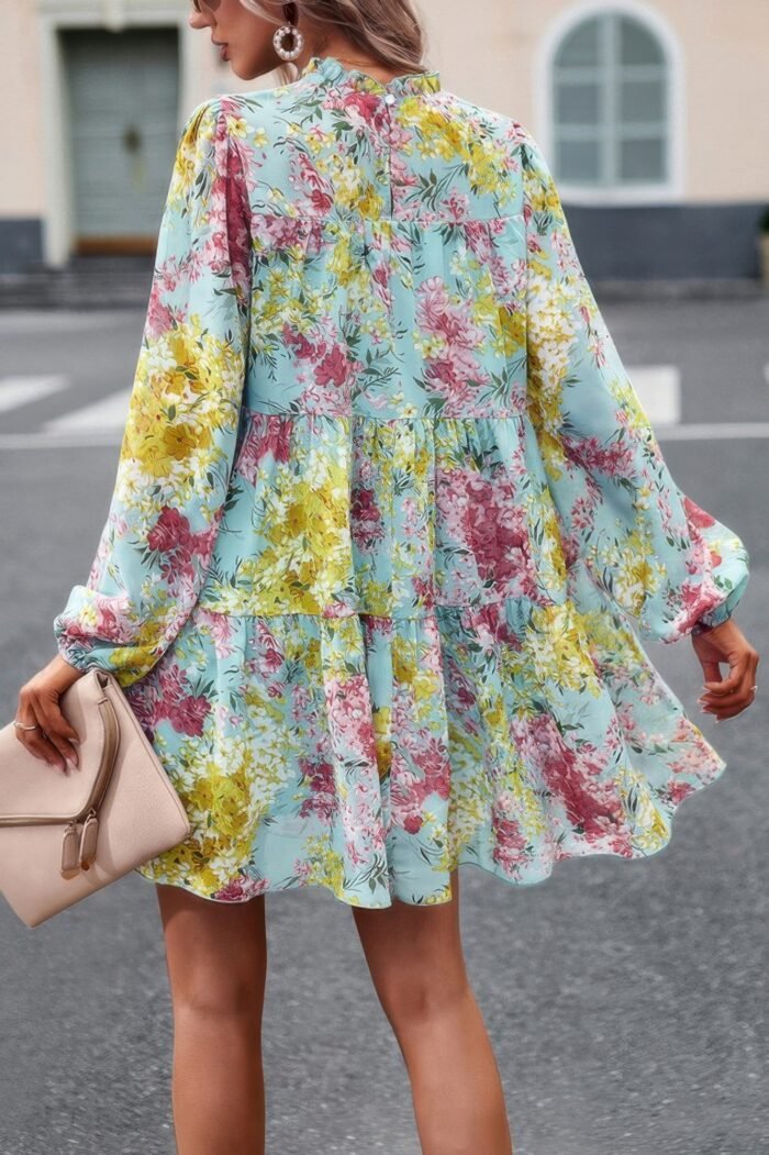 Floral print tiered sleeve ruffle hem smock dress - image 9