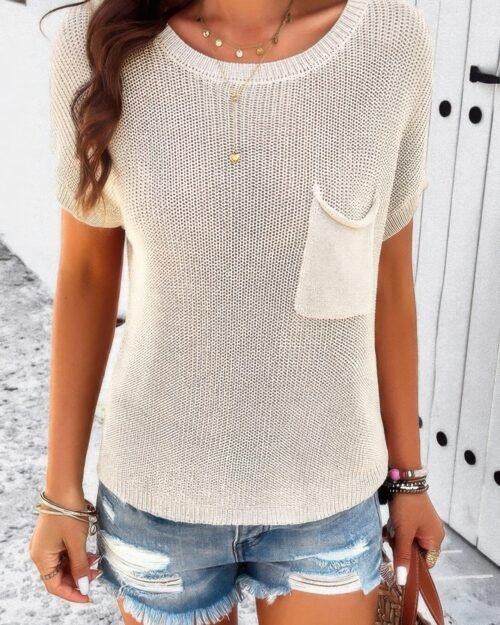 Pocket Knit Round Neck Loose Pullover Sweater