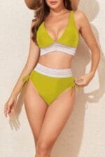 Two Pieces Elastic Wide Waist Band Knot Trimbikini