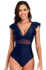 Deep V Neck Ruffle Color Block Lace Swimsuit