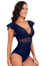 Deep V Neck Ruffle Color Block Lace Swimsuit