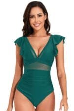 Deep V Neck Ruffle Color Block Lace Swimsuit