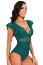 Deep V Neck Ruffle Color Block Lace Swimsuit