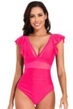 Deep V Neck Ruffle Color Block Lace Swimsuit