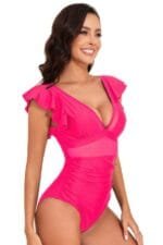 Deep V Neck Ruffle Color Block Lace Swimsuit