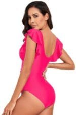 Deep V Neck Ruffle Color Block Lace Swimsuit