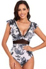 Deep V Neck Ruffle Color Block Lace Swimsuit
