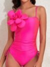Square Neck Floral Trim Ruched Solid Swimsuit
