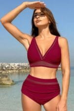 Deep V Lace Trim Two Pieces Sleeveless Swimsuit