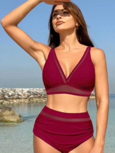 Deep V Lace Trim Two Pieces Sleeveless Swimsuit