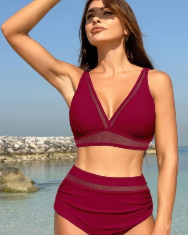 Deep V Lace Trim Two Pieces Sleeveless Swimsuit