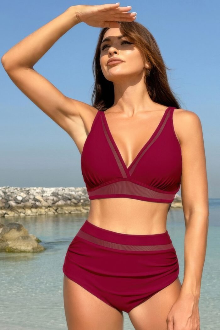 Deep v lace trim two pieces sleeveless swimsuit - image 1