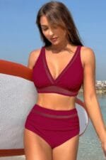 Deep V Lace Trim Two Pieces Sleeveless Swimsuit