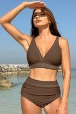 Deep V Lace Trim Two Pieces Sleeveless Swimsuit
