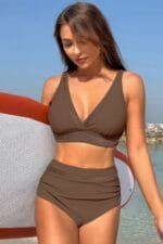 Deep V Lace Trim Two Pieces Sleeveless Swimsuit
