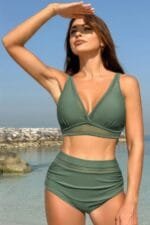 Deep V Lace Trim Two Pieces Sleeveless Swimsuit