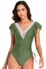 Ruffle Sleeves Lace Color Block Ruched Swimsuit