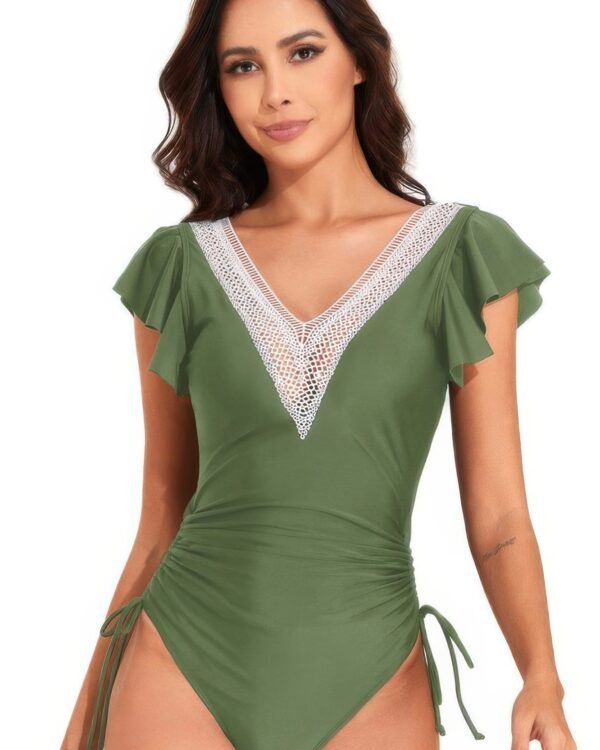 Ruffle Sleeves Lace Color Block Ruched Swimsuit