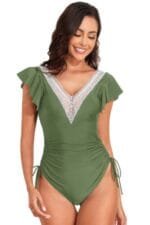 Ruffle Sleeves Lace Color Block Ruched Swimsuit