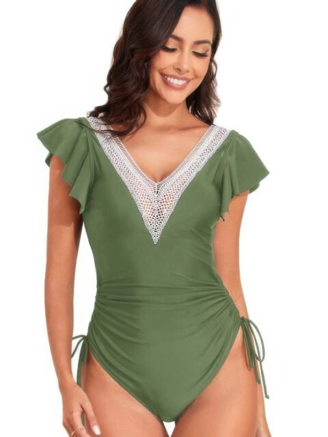 Ruffle Sleeves Lace Color Block Ruched Swimsuit