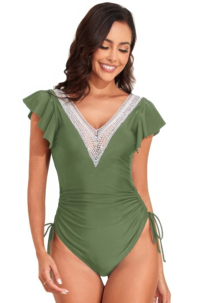 Ruffle sleeves lace color block ruched swimsuit - image 2