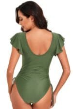 Ruffle Sleeves Lace Color Block Ruched Swimsuit