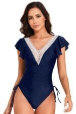 Ruffle Sleeves Lace Color Block Ruched Swimsuit