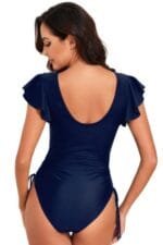 Ruffle Sleeves Lace Color Block Ruched Swimsuit