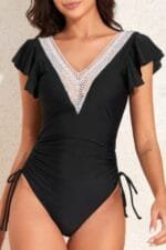 Ruffle Sleeves Lace Color Block Ruched Swimsuit