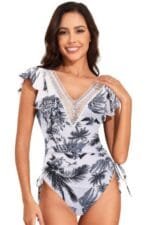 Ruffle Sleeves Lace Color Block Ruched Swimsuit