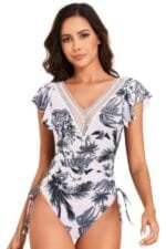 Ruffle Sleeves Lace Color Block Ruched Swimsuit