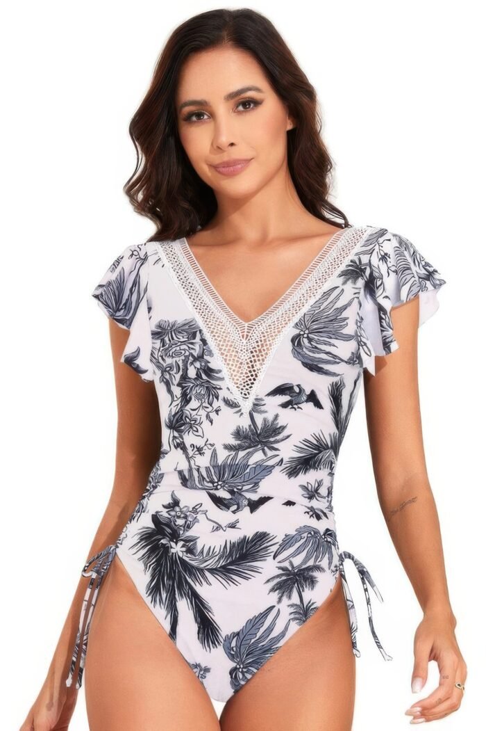 Ruffle sleeves lace color block ruched swimsuit - image 11