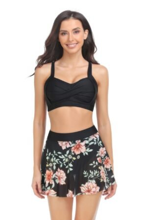 Tropical Floral Sleeveless Cross High Waisted Bikini