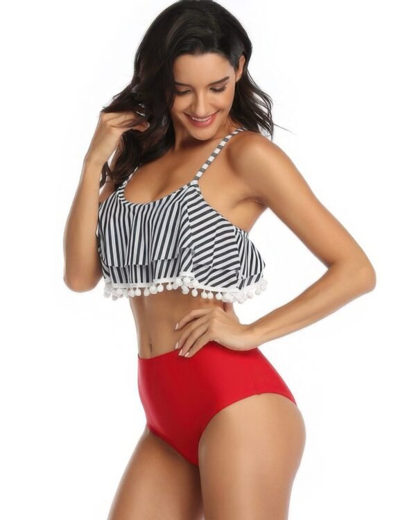 Strip Sleeveless High Waist Ruffle Bikini Sets