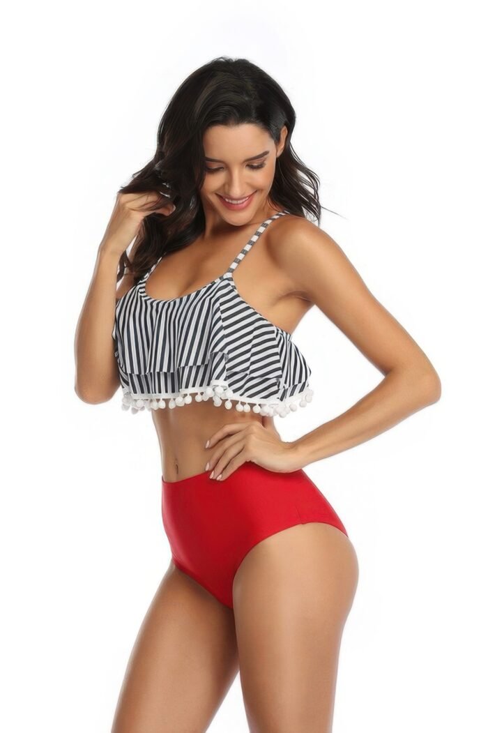 Strip sleeveless high waist ruffle bikini sets - image 1