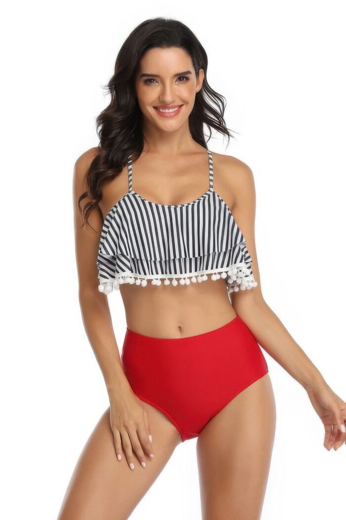 Strip sleeveless high waist ruffle bikini sets - image 2
