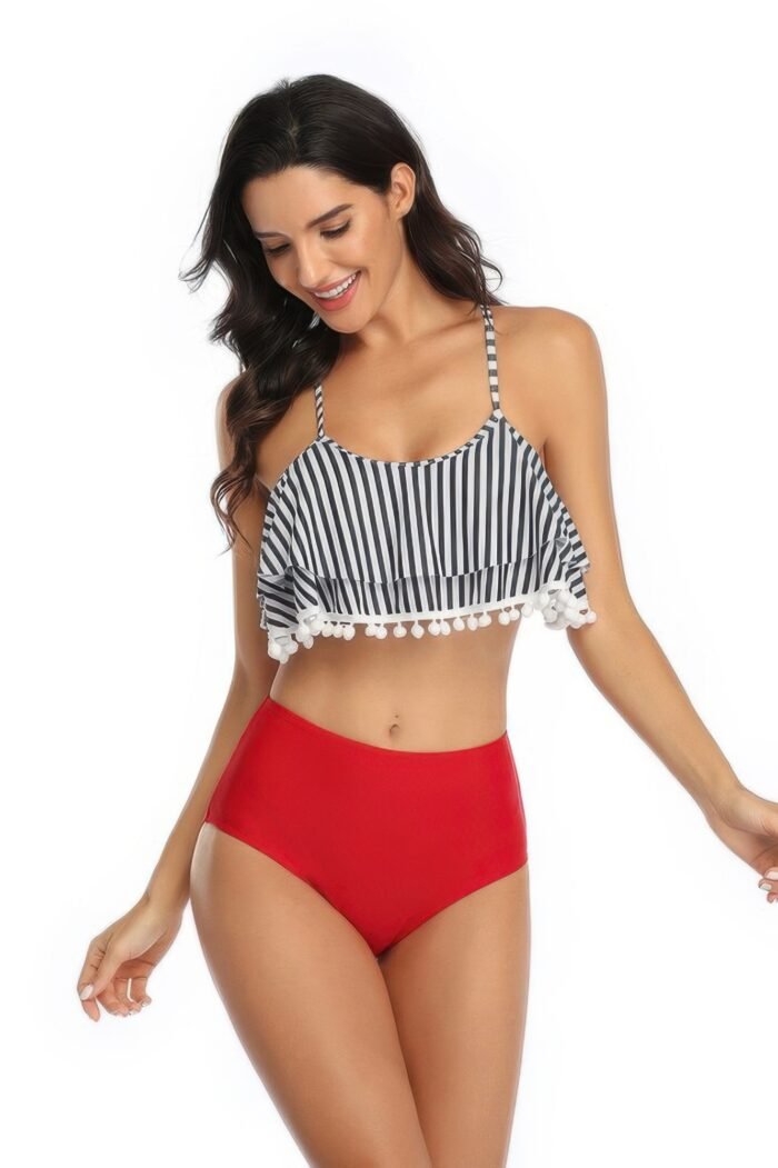 Strip sleeveless high waist ruffle bikini sets - image 3