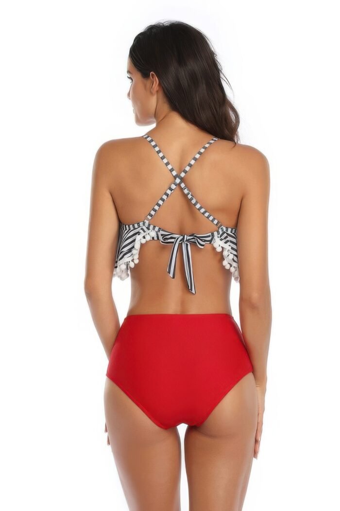 Strip sleeveless high waist ruffle bikini sets - image 4
