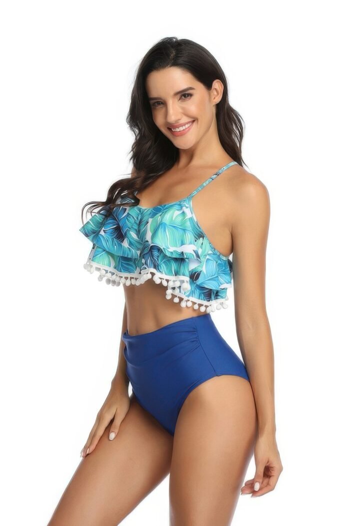 Strip sleeveless high waist ruffle bikini sets - image 6