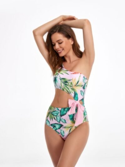 Solid One Shoulder Cut Out Waist Knot Swimsuit Solid One Shoulder Cut Out Waist Knot Swimsuit