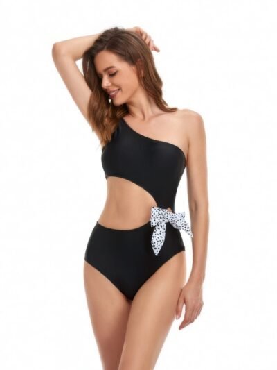 Solid One Shoulder Cut Out Waist Knot Swimsuit Solid One Shoulder Cut Out Waist Knot Swimsuit