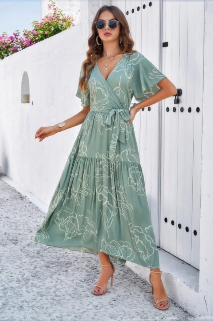Allover Print V Neck Fit Belt A Line Long Dress