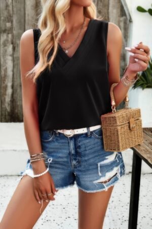 V Neck Sleeveless Tank Loose Solid Top V Neck Sleeveless Tank Loose Solid Top