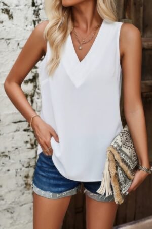V Neck Sleeveless Tank Loose Solid Top V Neck Sleeveless Tank Loose Solid Top