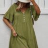 V Neck Button Up Solid Dress