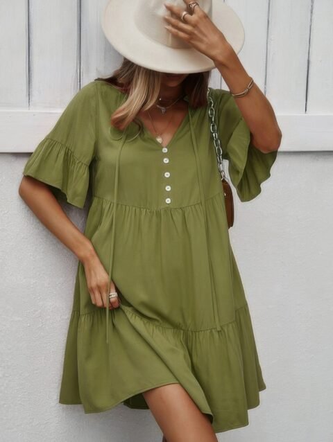 V Neck Button Up Solid Dress