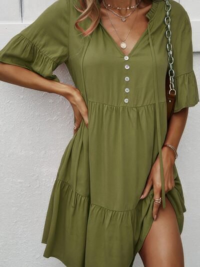 V Neck Button Up Solid Dress